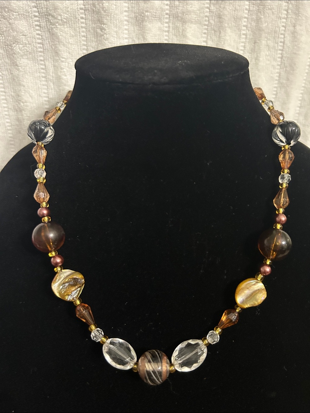 Gold and Brown Glass Bead Necklace - Elegant Women's Statement Necklace